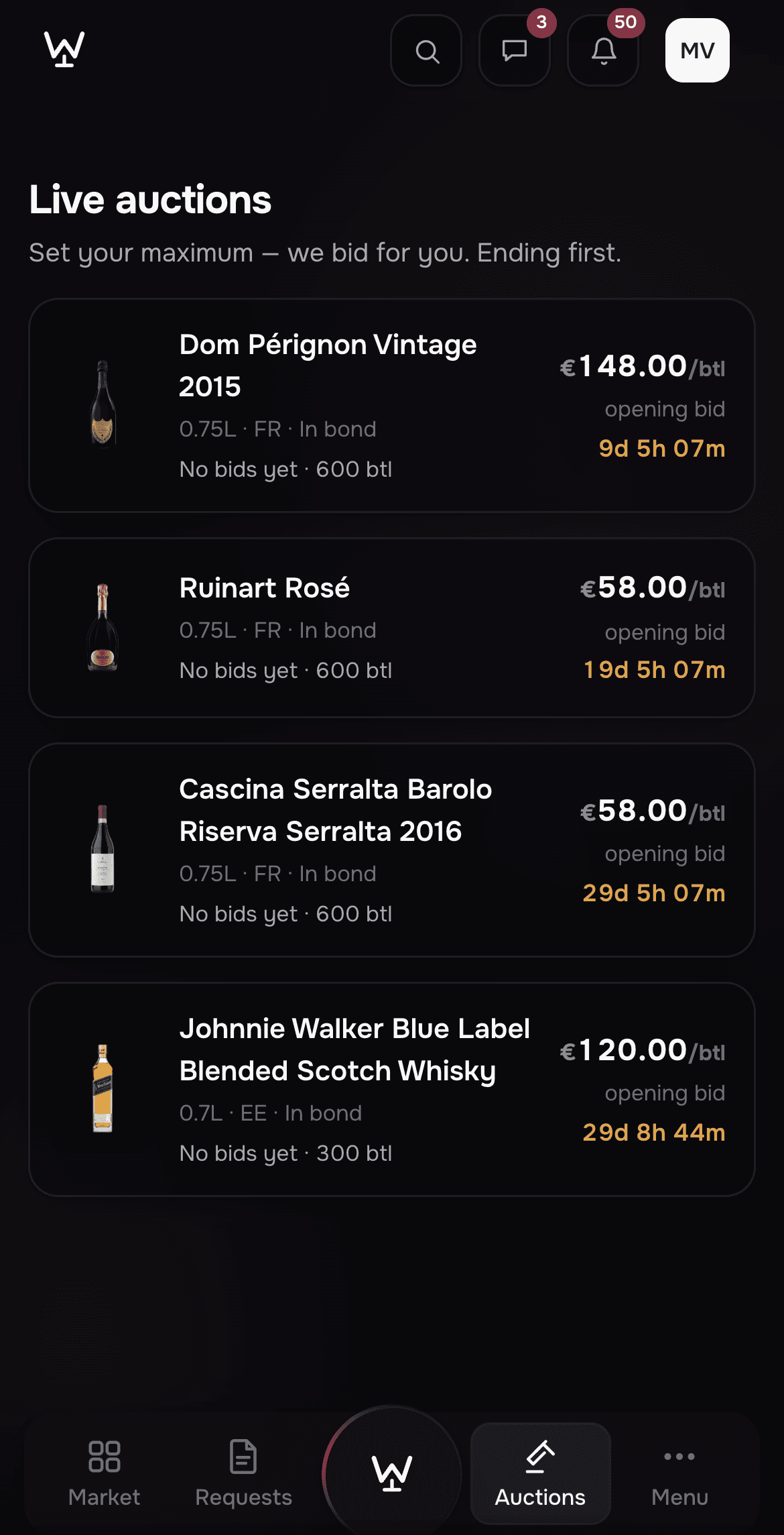 Auctions in the WineGate Android app