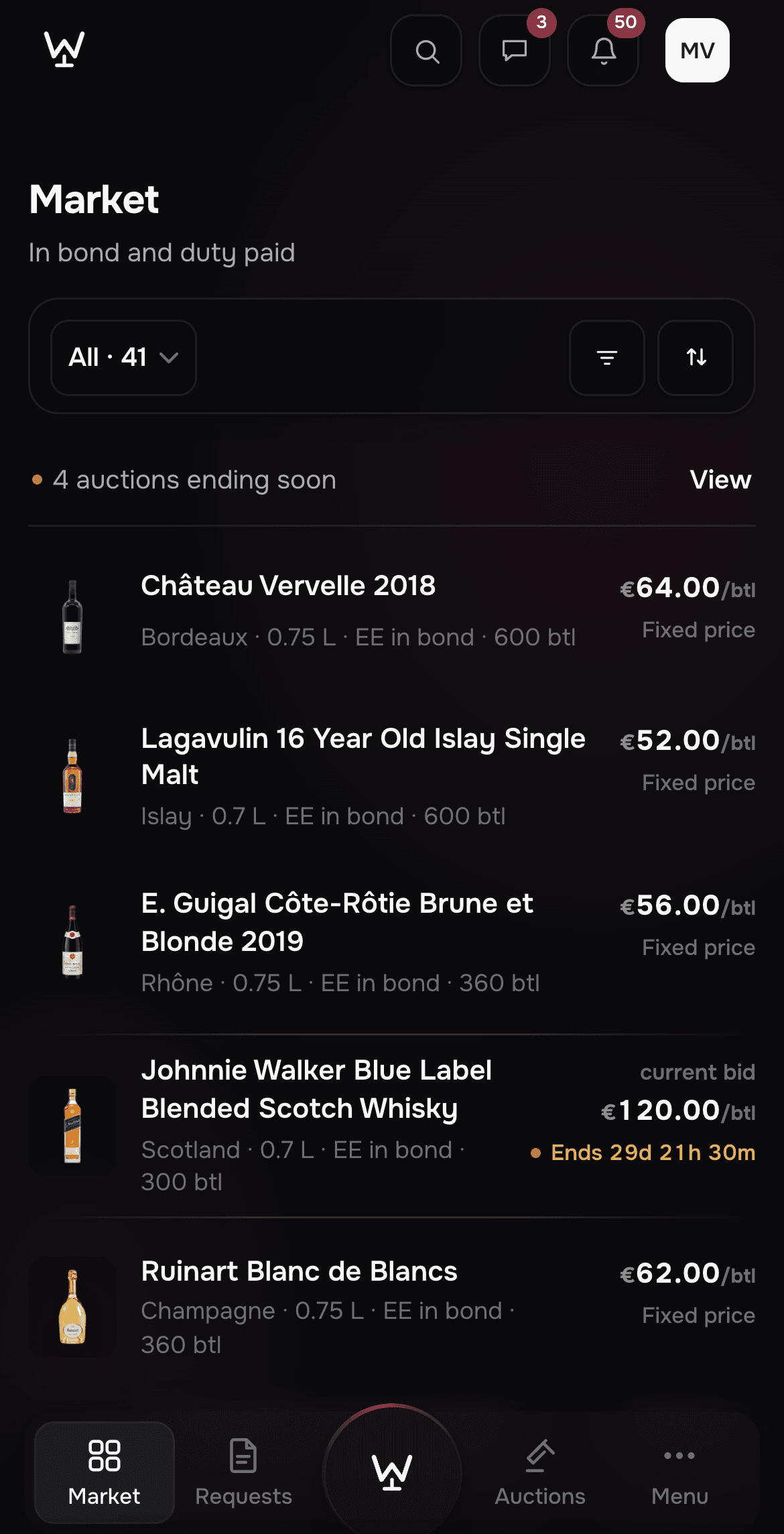 The WineGate market on iPhone
